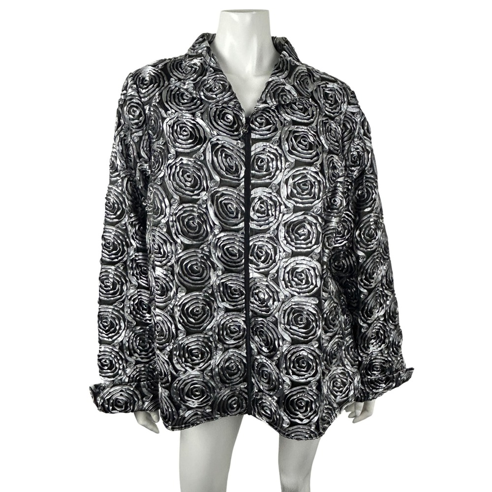 Laura Ashley Jacket Womans 2X Silver Black‎ Rosette Floral Zip Front Lined
